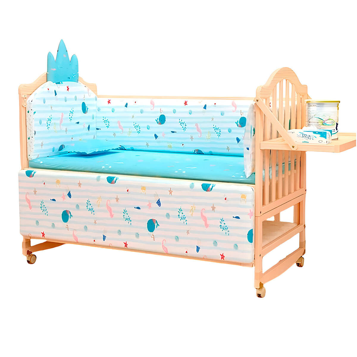 Cuna Bebé Multifunción 5 En 1 Madera Con Rueditas - Celeste 