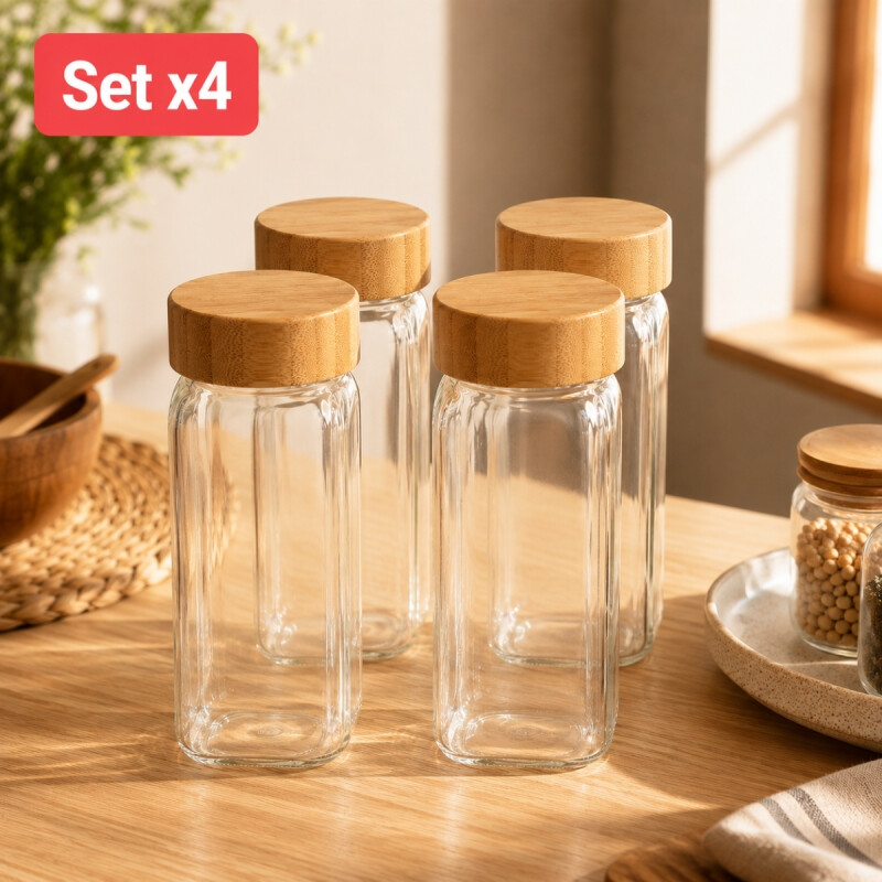 Frasco especiero con tapa de madera x4 TRANSPARENTE