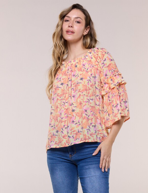 Blusa Holgada Con Escote Fruncido MULTI/ANARANJADO