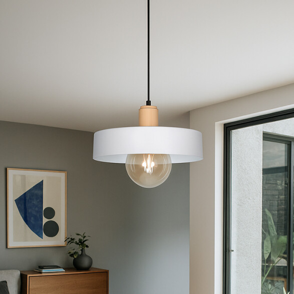 Colgante pantalla metal blanco y madera E27 Ø300mm JU0386