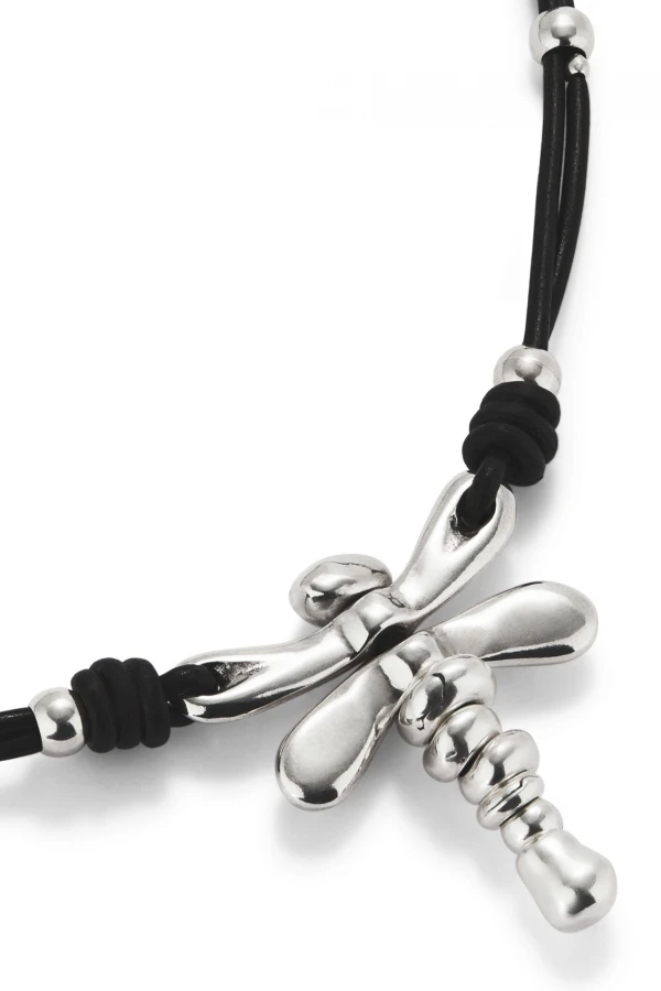COLLAR DE CUERO Y LIBÉLULA BAÑADA EN PLATA DE LEY PLATA / BLANCO