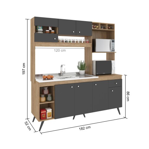 Kit de cocina compacta 7 puertas 1 cajón S/Pileta 182x29x52x197cm Carvale / Grafito