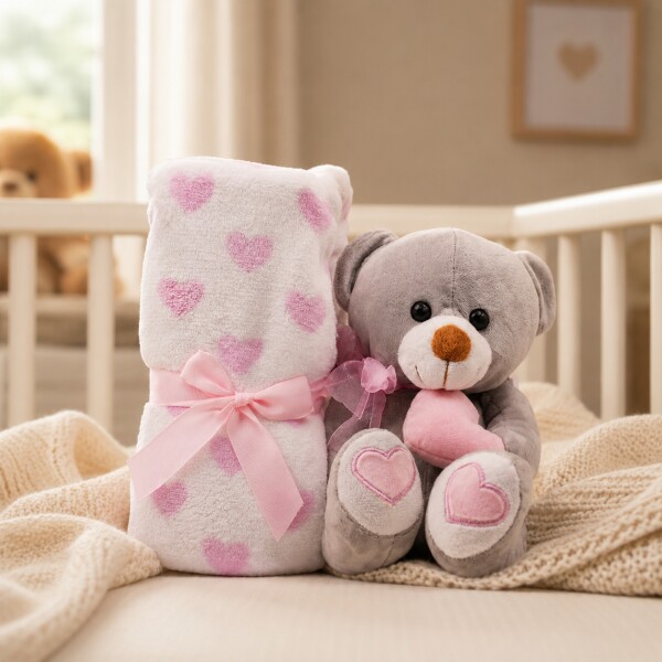 Oso De Peluche Con Manta Corazones 76x91 Cm Para Bebé Rosa 1
