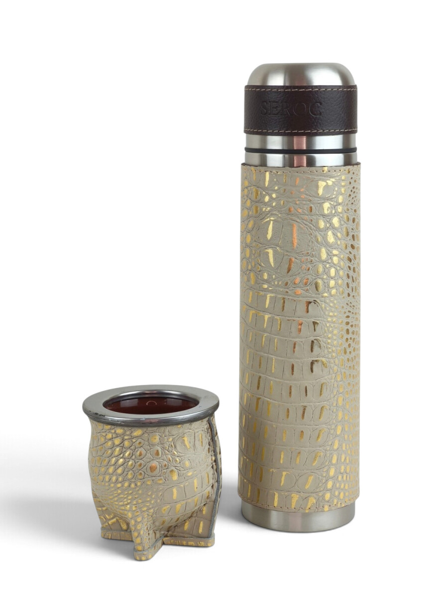 Kit termo y mate en cuero premium - Beige con dorado 