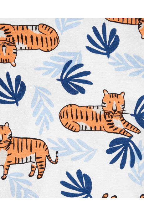 Pijama cuatro piezas de algodón dos remeras manga corta y dos pantalones, diseños azul y tigres Sin color