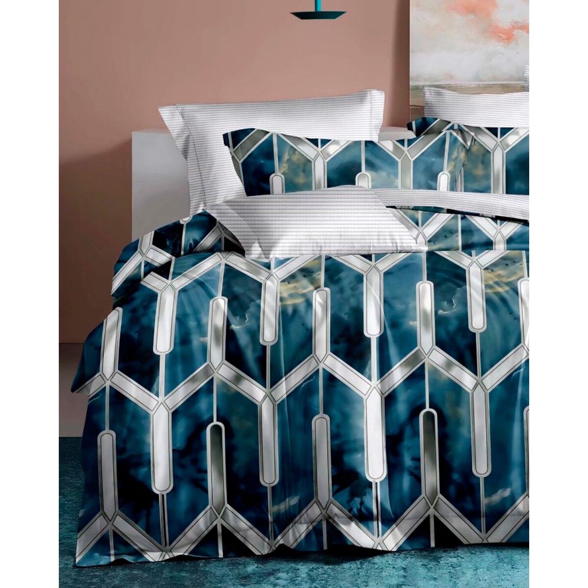 Manta capitoneada Cotton Flor 1 plaza 1.45 x 2.25 mts con porta almohada - Azul petróleo 