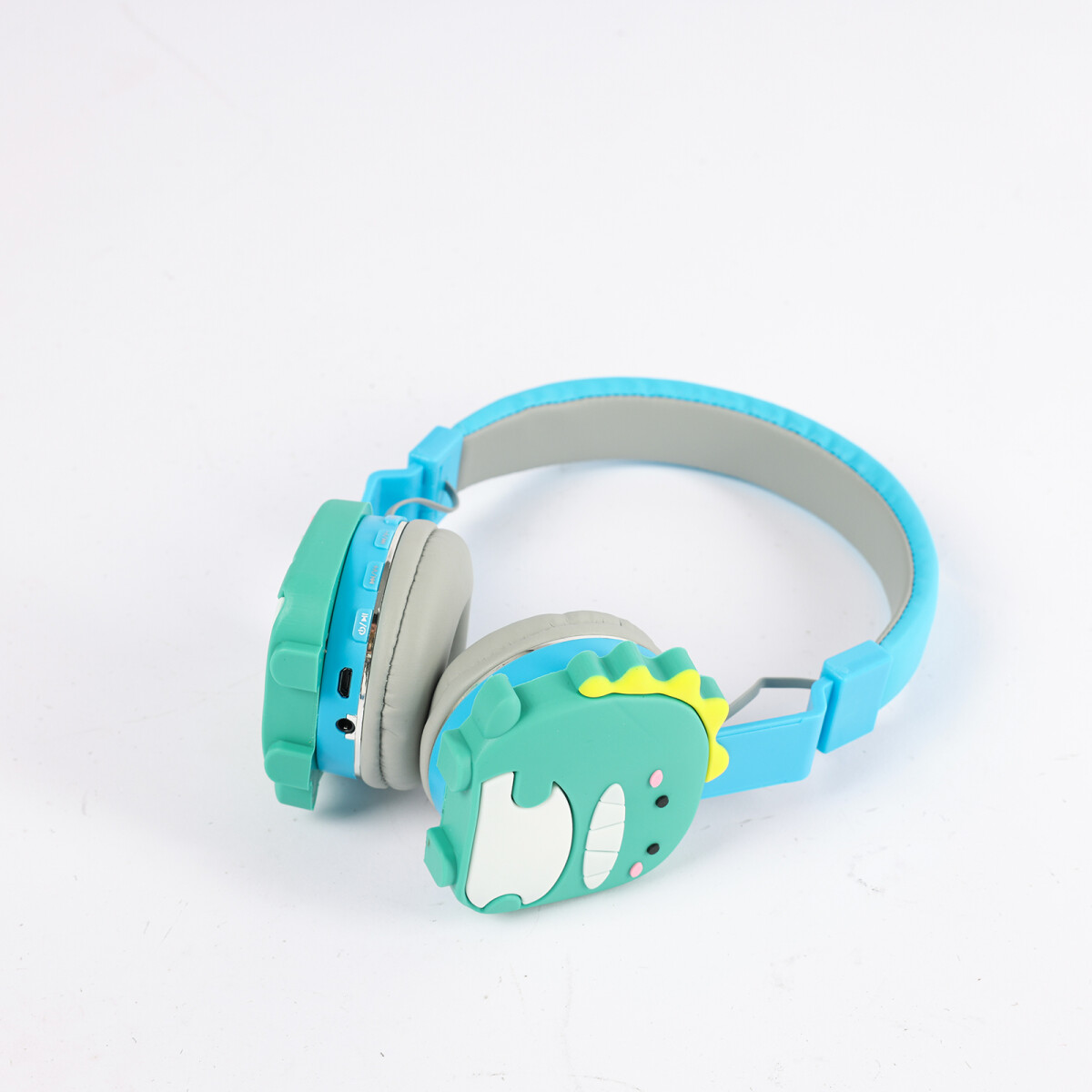 AURICULARES BLUETOOTH T-623 CON VINCHA DISEÑO DINOSAURIO AZUL 