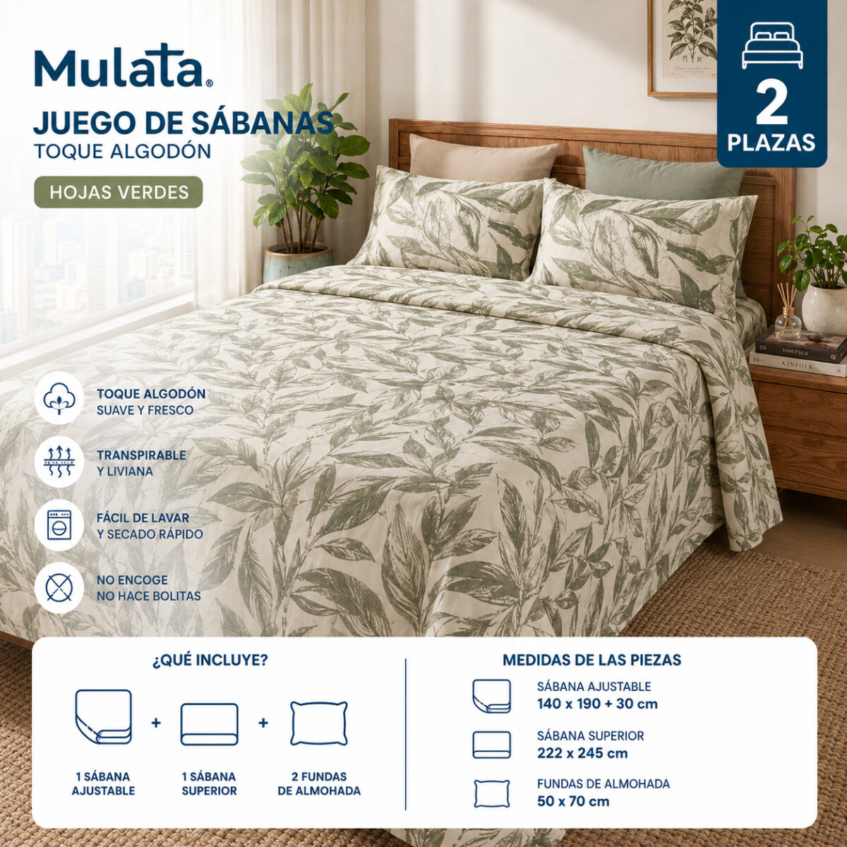Juego De Sabanas 2 Plazas Toque Algodón Sommier Hojas Verdes 