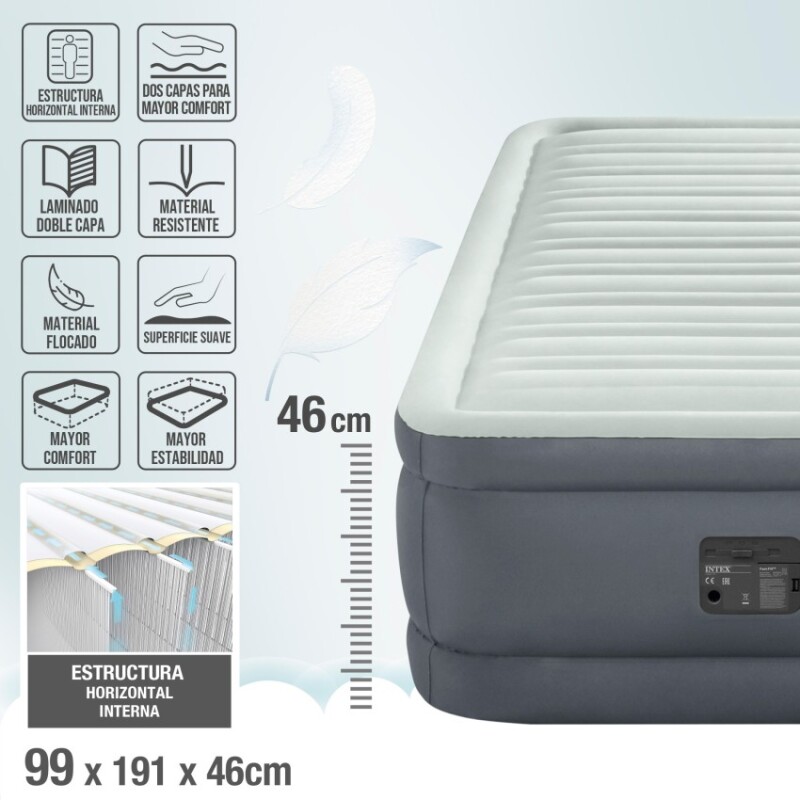 INTEX CAMA DE AIRE PREM-AIRE® FIBER TECH DOBLE BASE 1 PLAZA Intex Cama De Aire Prem-aire® Fiber Tech Doble Base 1 Plaza