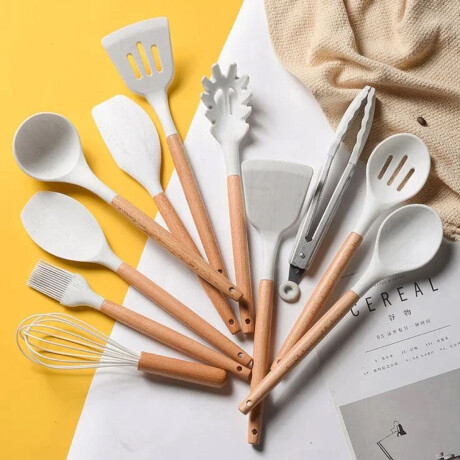 Set de utensilios de cocina 12 accesorios soporte bambú Blanco