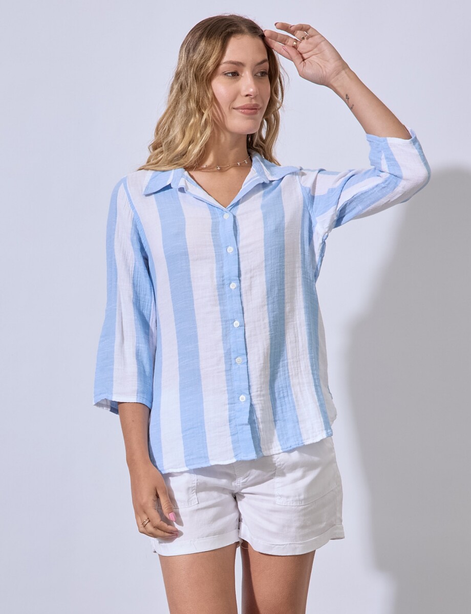 Camisa Algodon Lineas - Celeste/multi 