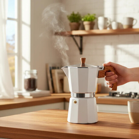 Cafetera Italiana De Aluminio 300ml 6 Tazas Blanco Madera Blanco