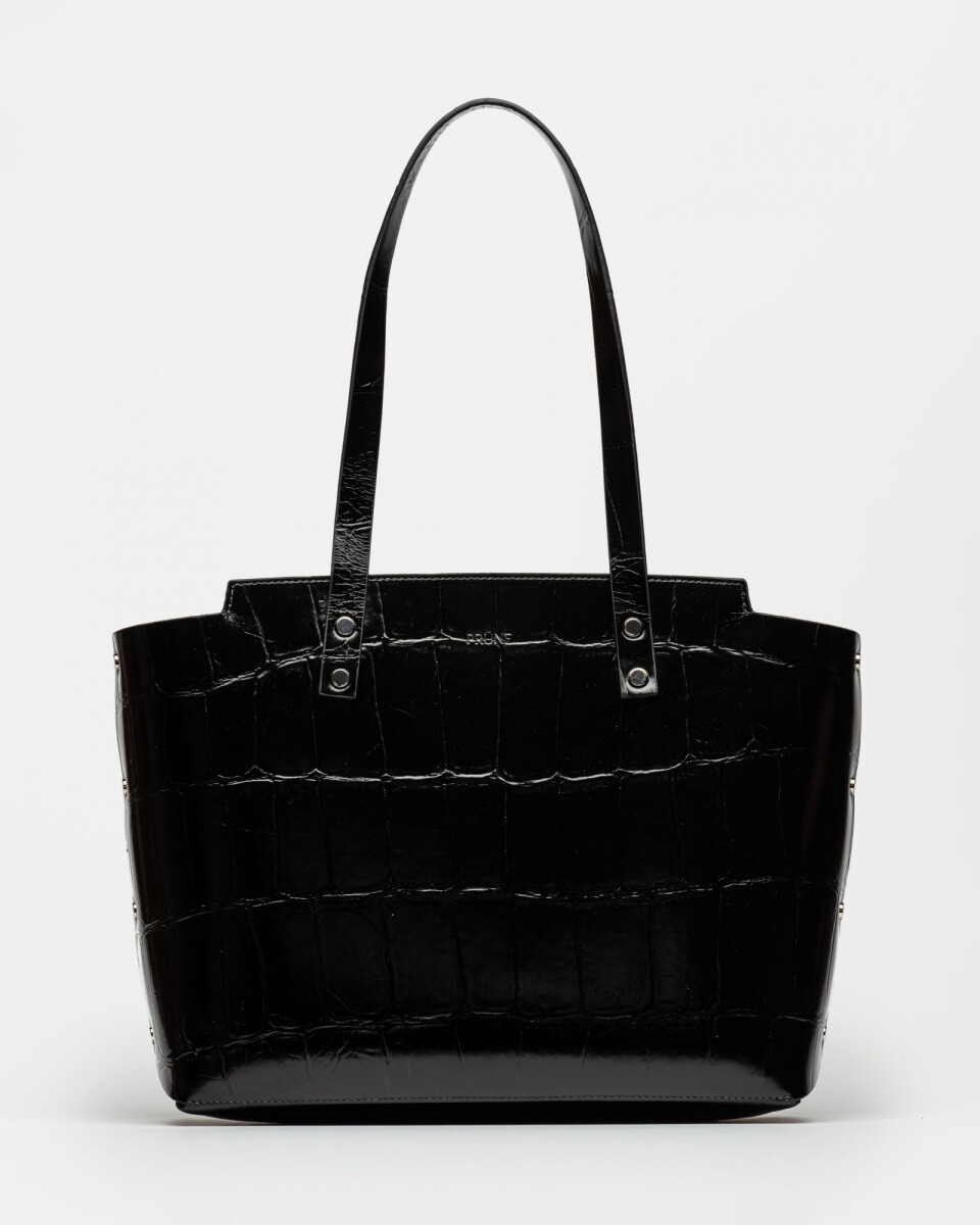 Shopper Menorca En Cuero Grabado Big Croco - Negro 