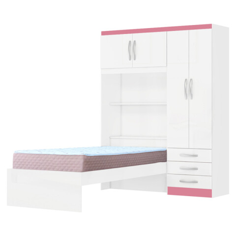 Juego de Dormitorio Ropero Lisboa 4 Puertas 3 Cajones Estantes Baúl con Cama Blanco Rosa y Colchón Roma Espuma 88 cm Juego de Dormitorio Ropero Lisboa 4 Puertas 3 Cajones Estantes Baúl con Cama Blanco Rosa y Colchón Roma Espuma 88 cm