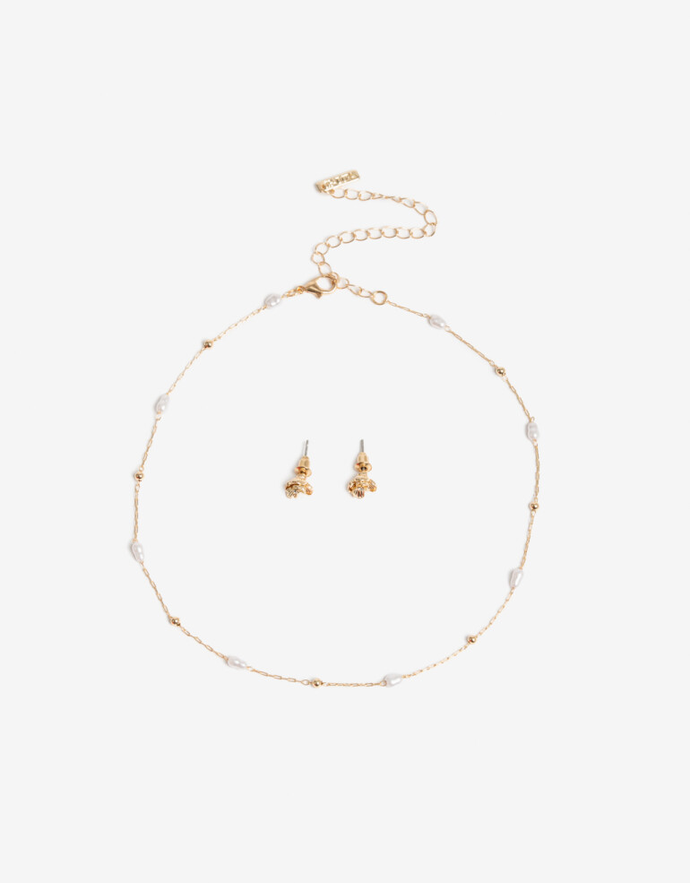 Bijouterie Set Sets temáticos Set De Aros Flor Y Collar Perlas - Dorado Oro Cepillado Mate