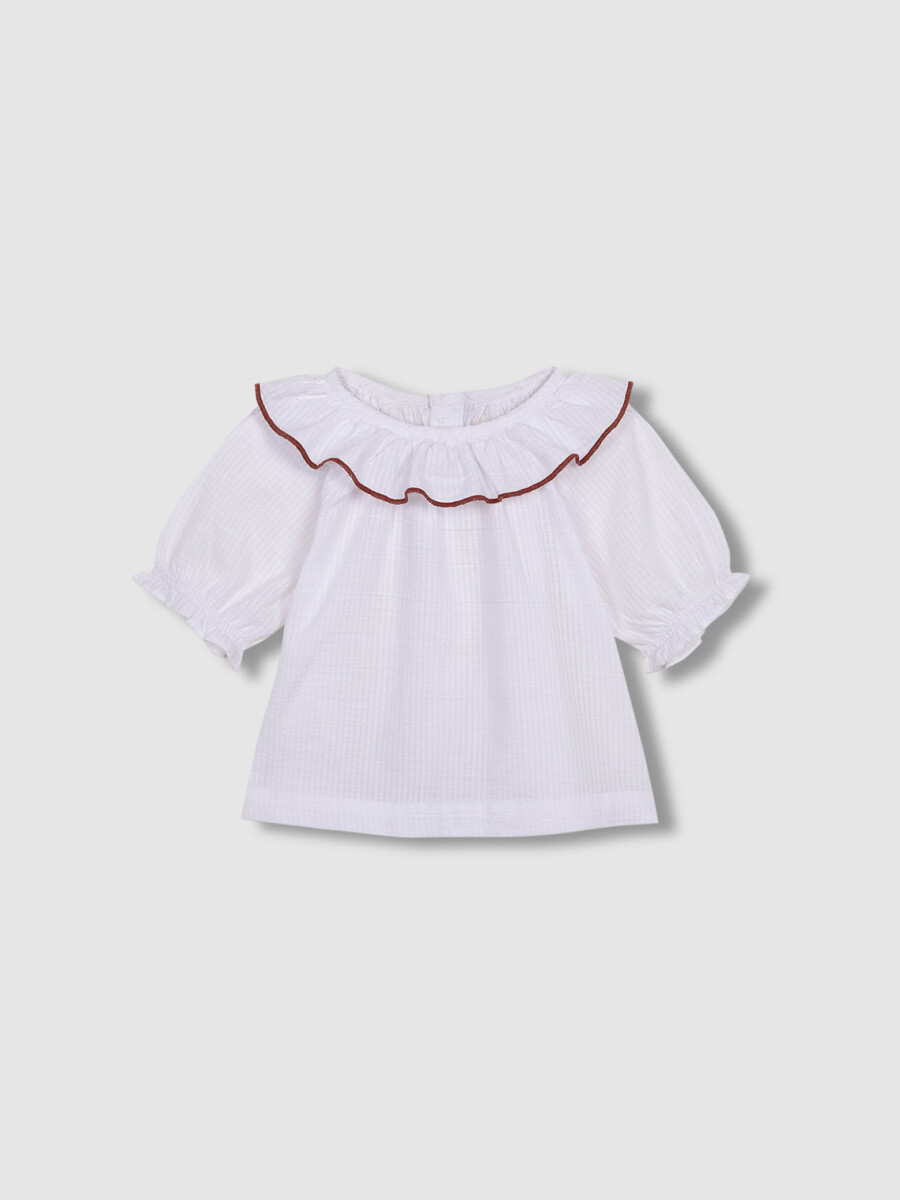 Blusa Con Volante En El Cuello Con Borda Blanco