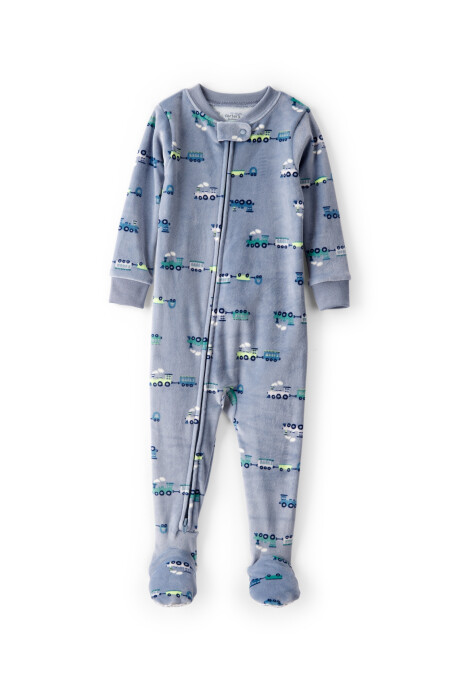 Pijama una pieza de DreamPlush, con pie, azul, diseño trenes. Talles 12-24M Sin color