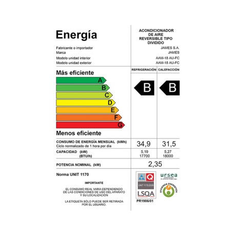 AIRE ACONDICIONADO JAMES 18000-BTU ON OFF AAM-18 AU-FC