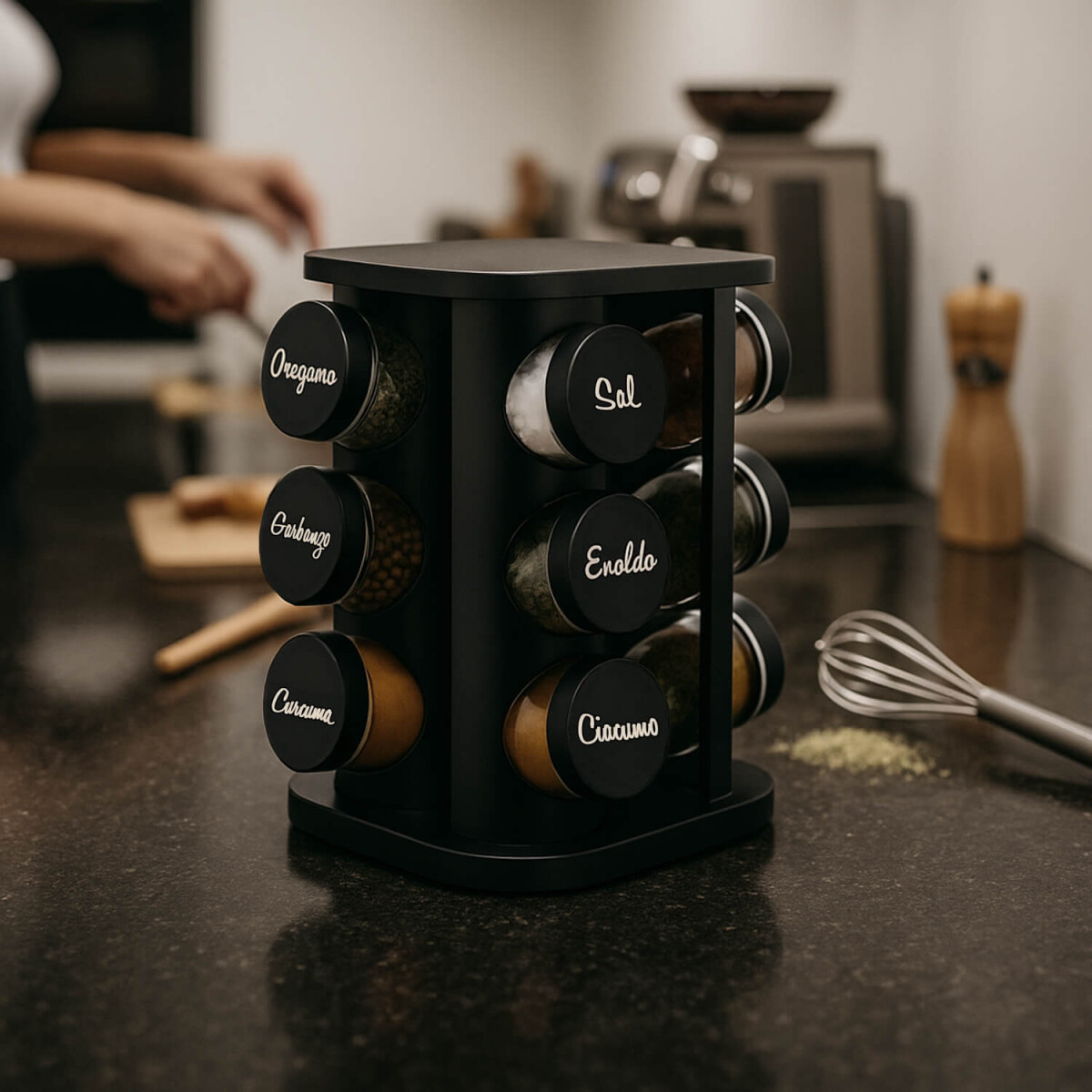 Especiero Giratorio 12 Frascos Vidrio Para Condimentos Cocina Acero Inoxidable Imback Negro 