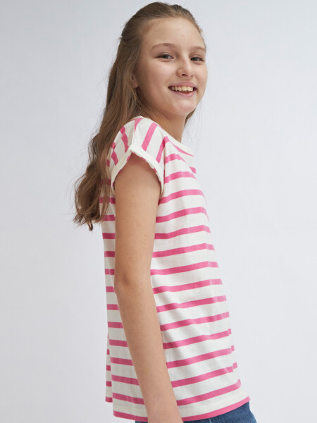 Camiseta manga corta rayada Fucsia