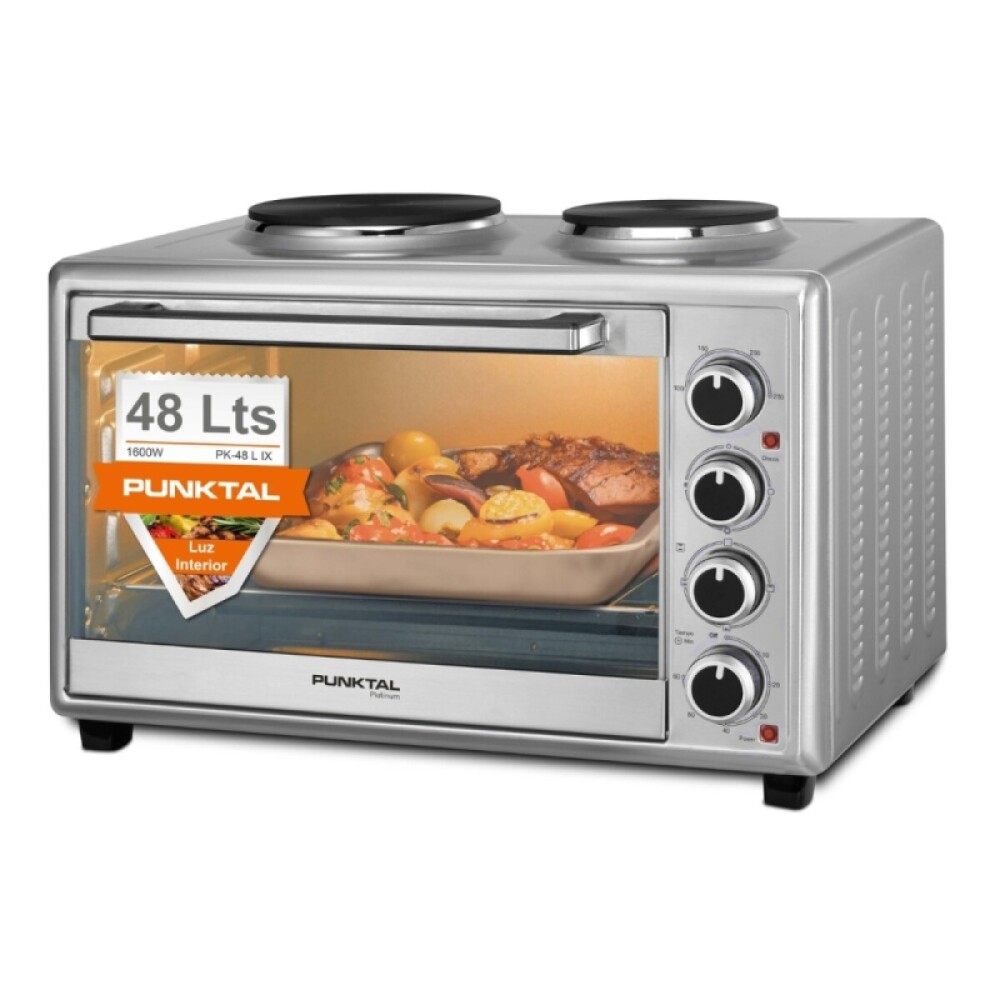 HORNO ELÉCTRICO 48 LTS. - 2 HORNALLAS - LUZ - INOX. acero inoxidable