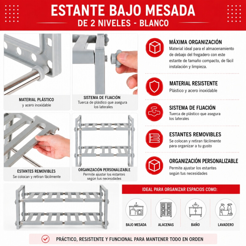 Estante bajo mesada de 2 niveles BLANCO