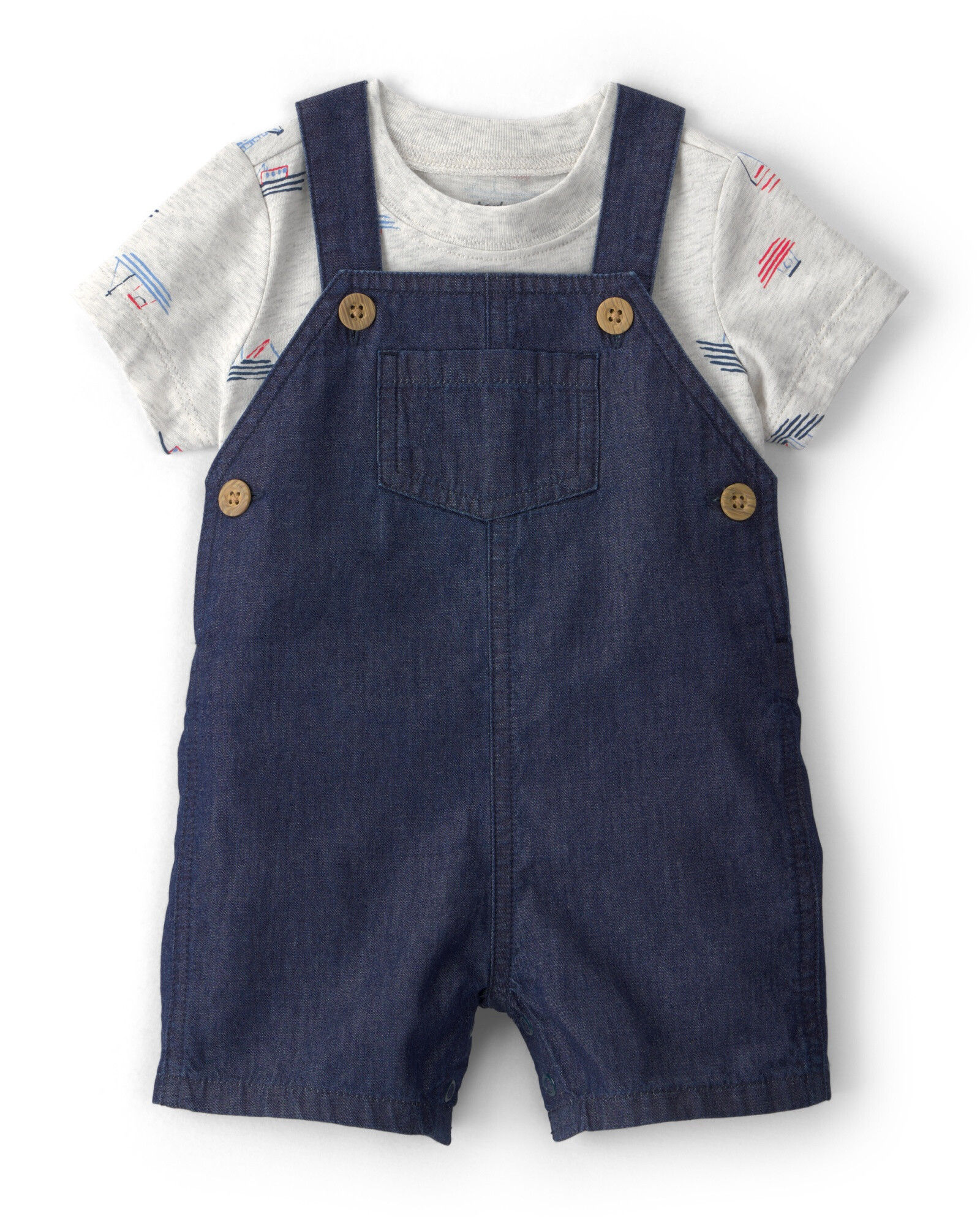 Set dos piezas, enterito corto de chambray y remera, diseño botes Sin color