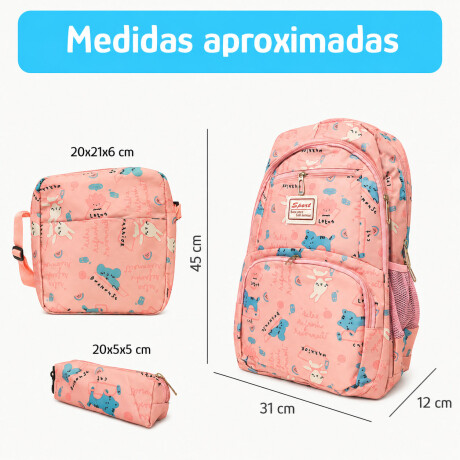 Set Mochila 3 Piezas Diseño Animalitos Escolar Resistente Rosa Claro