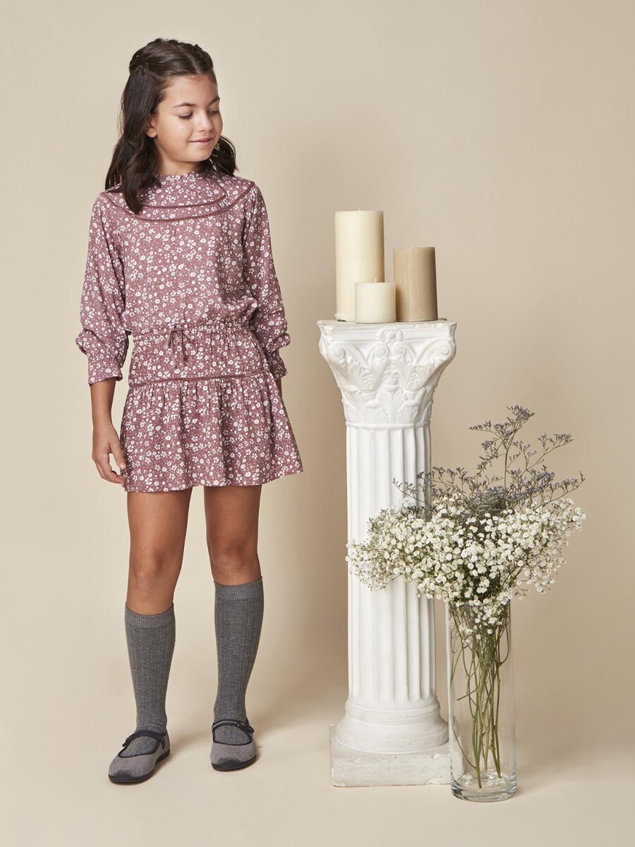 Falda Estampada Con Volante Purpura