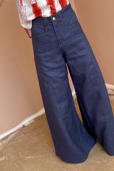 PANTALON WIDE XL LINEN SS26 Azul Piedra