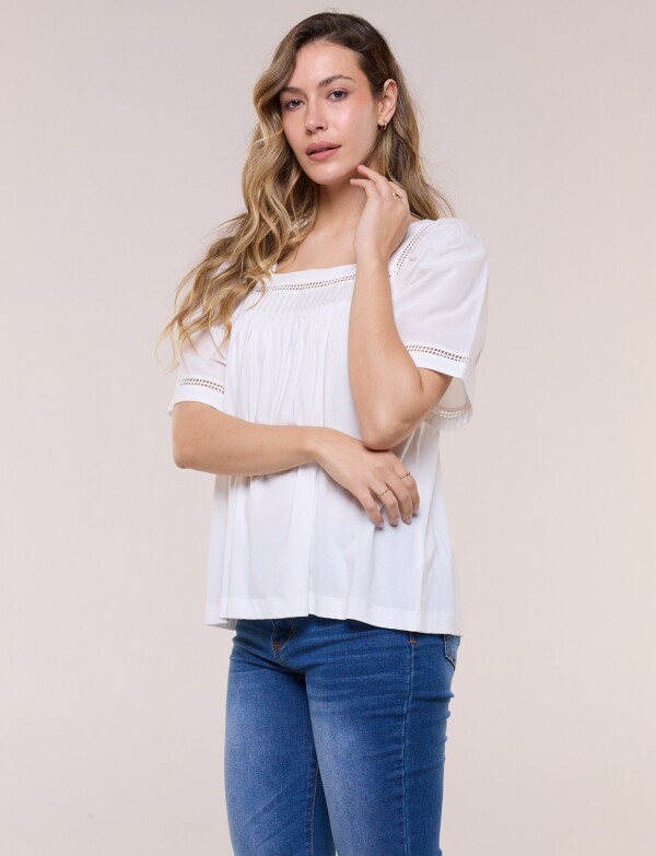 Blusa Holgada Escote Cuadrado Con Puntilla Calada BLANCO