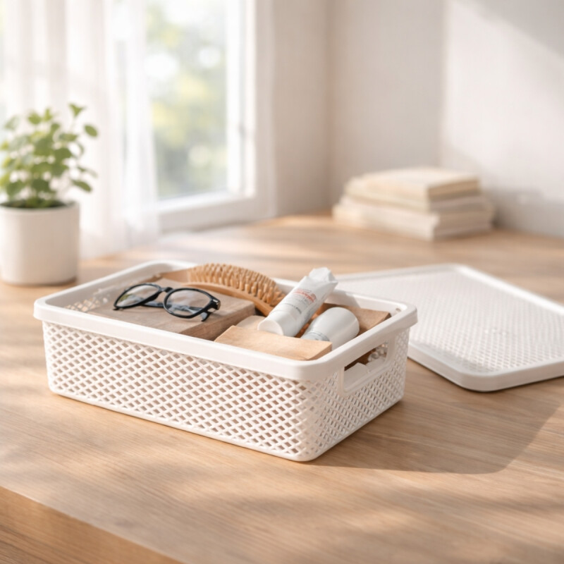 Cesto organizador calado línea con tapa M BLANCO