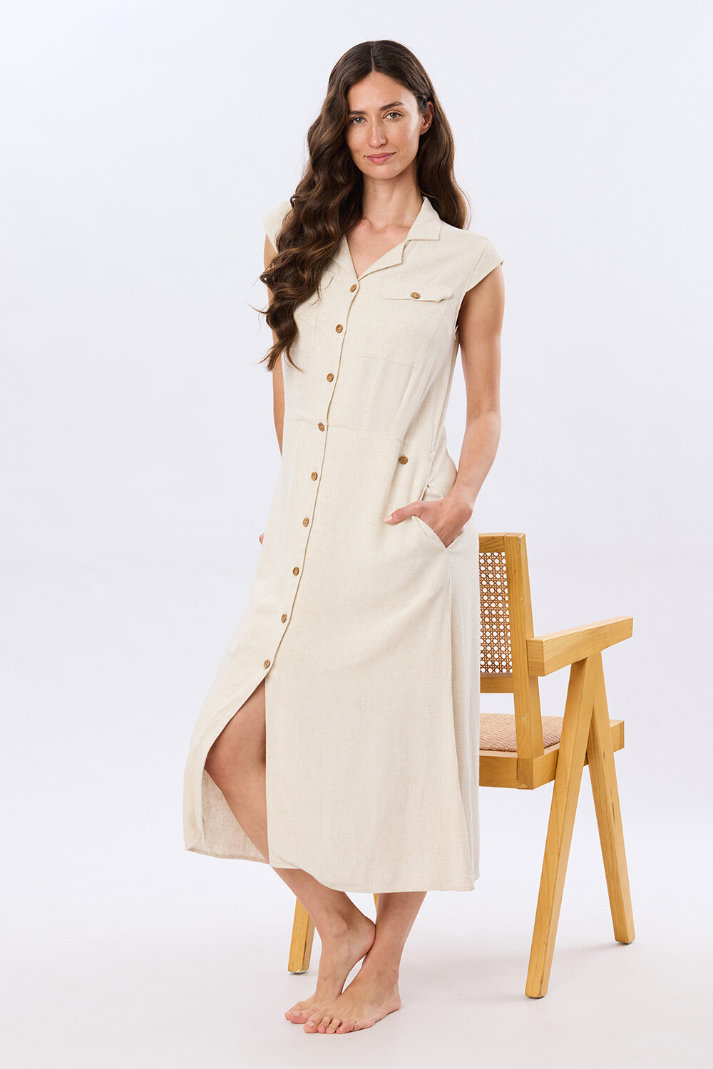 VESTIDO LISO DE LINO Arena