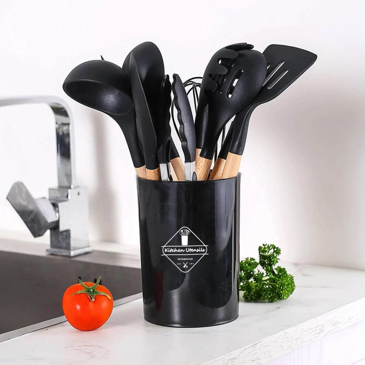 Set de 12 Utensilios de Cocina de Silicona Antiadherente con Mango Madera 