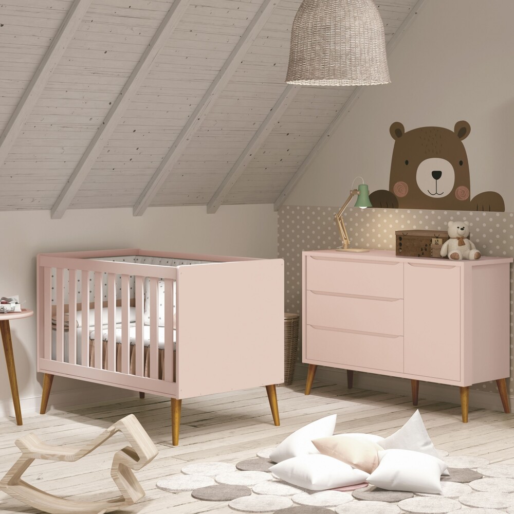 Cómoda 3 Cajones 1 Puerta Zapatera Infantil - Theo Rosa