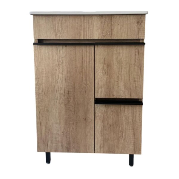 MUEBLE DE BAÑO 60 CM 1 PUERTA + 2 CAJONES - MESADA DE LOZA NEVADA - ROBLE/BLACK MUEBLE DE BAÑO 60 CM 1 PUERTA + 2 CAJONES - MESADA DE LOZA NEVADA - ROBLE/BLACK