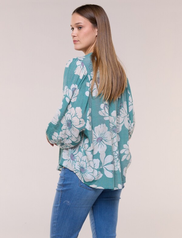 Blusa Crinkle Holgada Con Escote V VERDE/MULTI