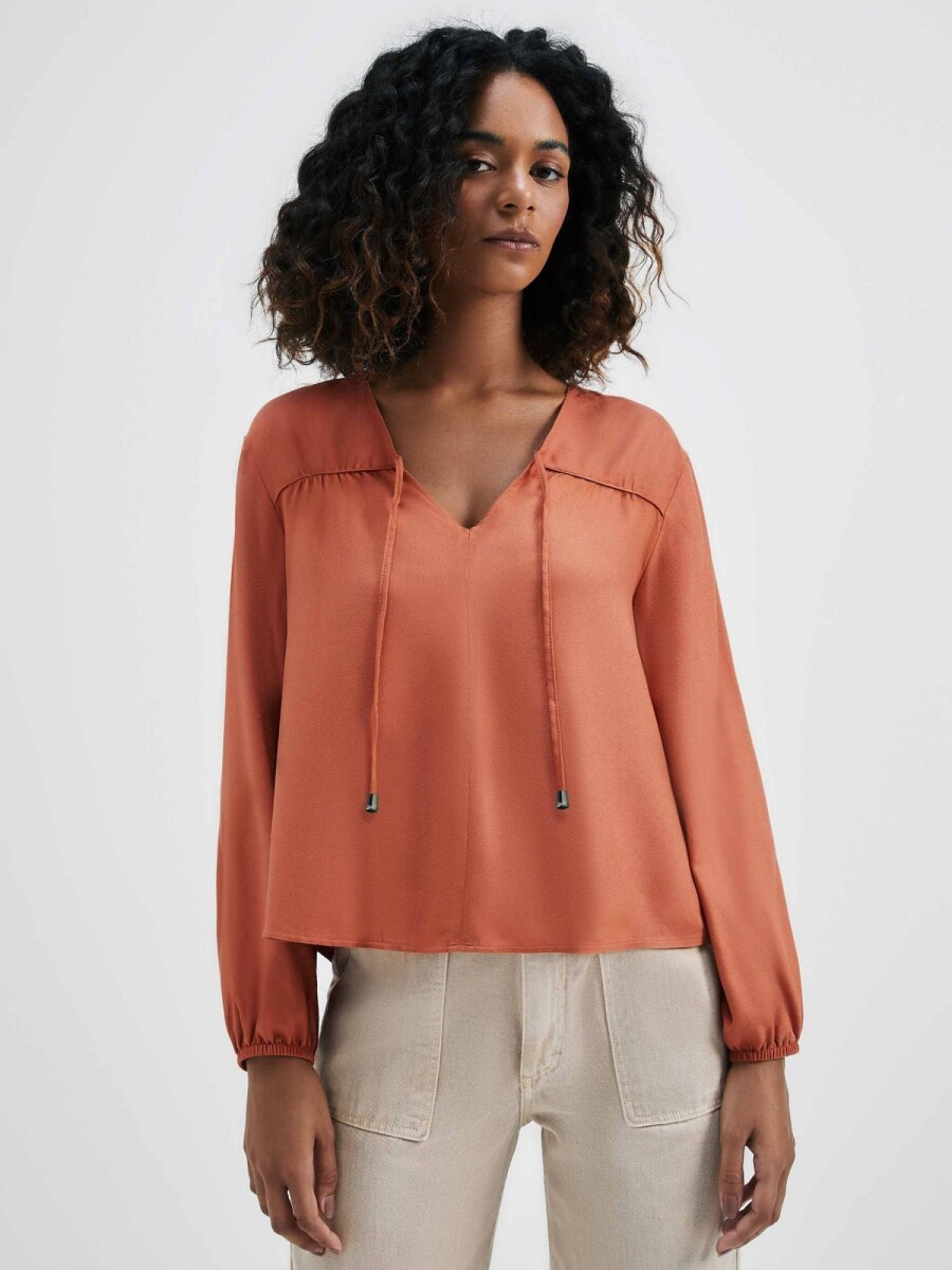 BLUSA MANGA LARGA CON ESCOTE EN V - MARRÓN 