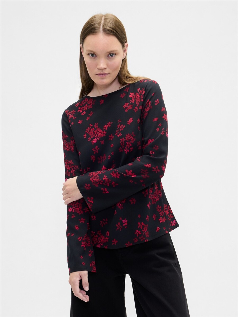 Remera Cuello Bote Mujer - Black Red Floral 