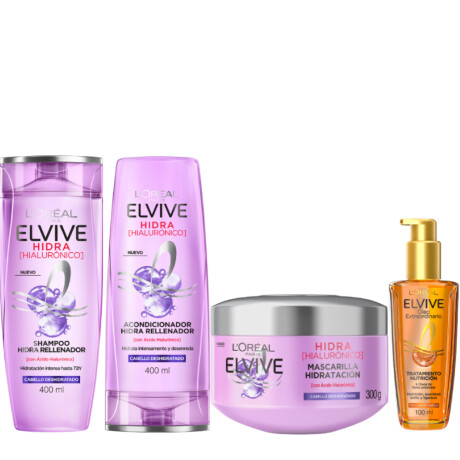Pack Elvive Hidra Hialurónico - Shampoo + Acondicionador + Mascarilla + Tratamiento Capilar Pack Elvive Hidra Hialurónico - Shampoo + Acondicionador + Mascarilla + Tratamiento Capilar