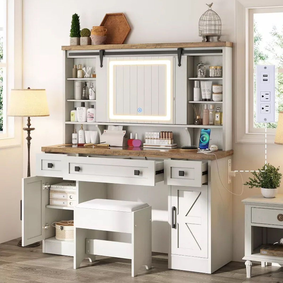 ARMARIO TOCADOR CON ESPEJO Y LUZ - INCLUYE BANQUETA 