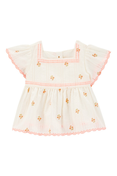 Blusa de algodón texturado, manga con volados, diseño floral Blusa de algodón texturado, manga con volados, diseño floral