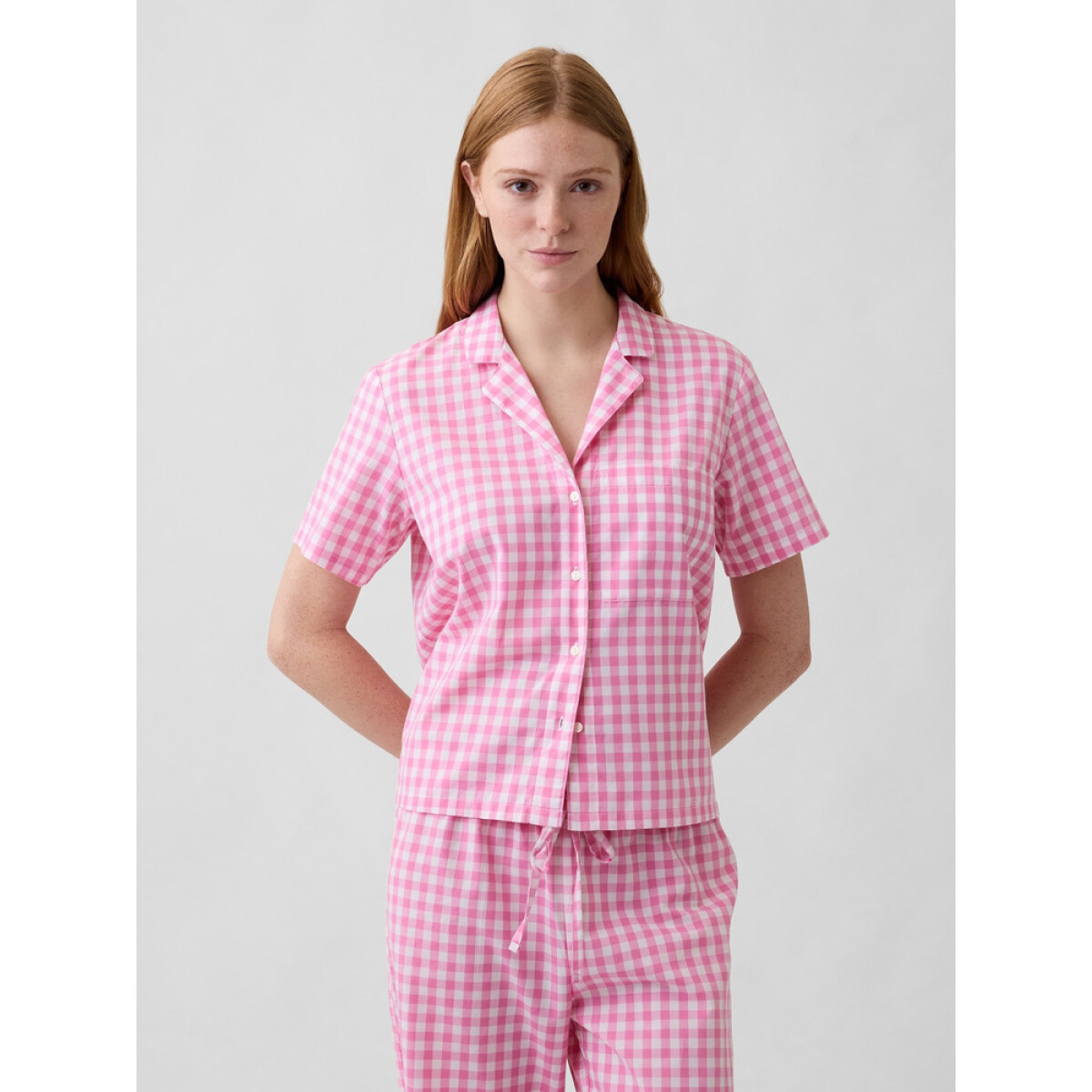 V-SS POPLIN TOP - SP FAM PINK GINGHAM 