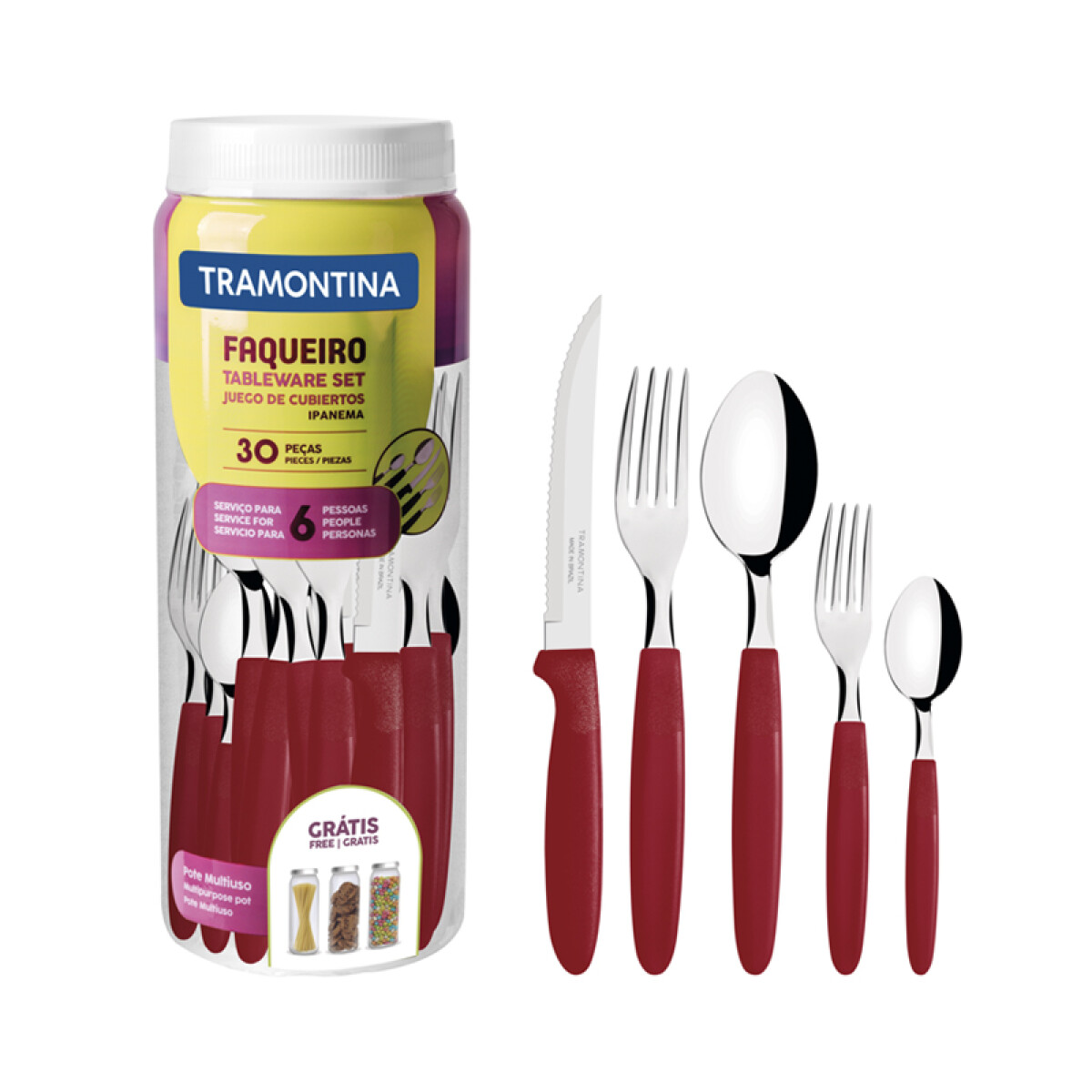 Juego de cubiertos con mango rojo, modelo IPANEMA, 30 piezas - TN8490 