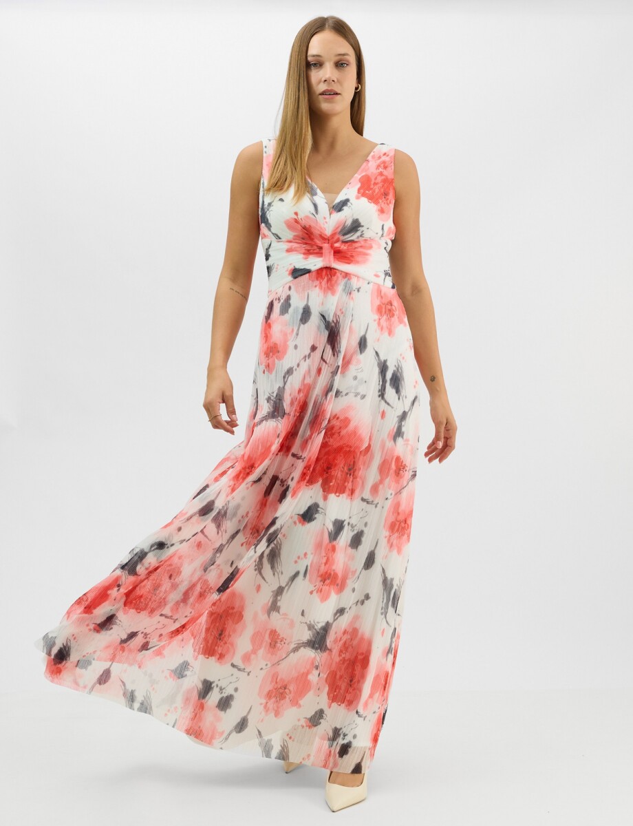 Vestido Largo Estampado Floral Con Escote - Blanco/multi 