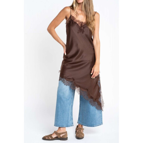 Vestido Midi Satinado Con Encaje Chocolate