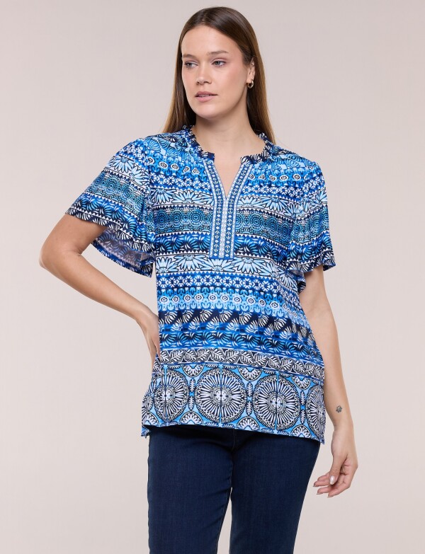 Blusa Estampada Con Escote V Y Manga Mariposa AZUL/MULTI