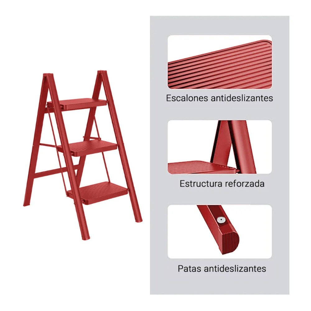 Escalera De 3 Escalones Antidezlisante Y Plegable Rojo