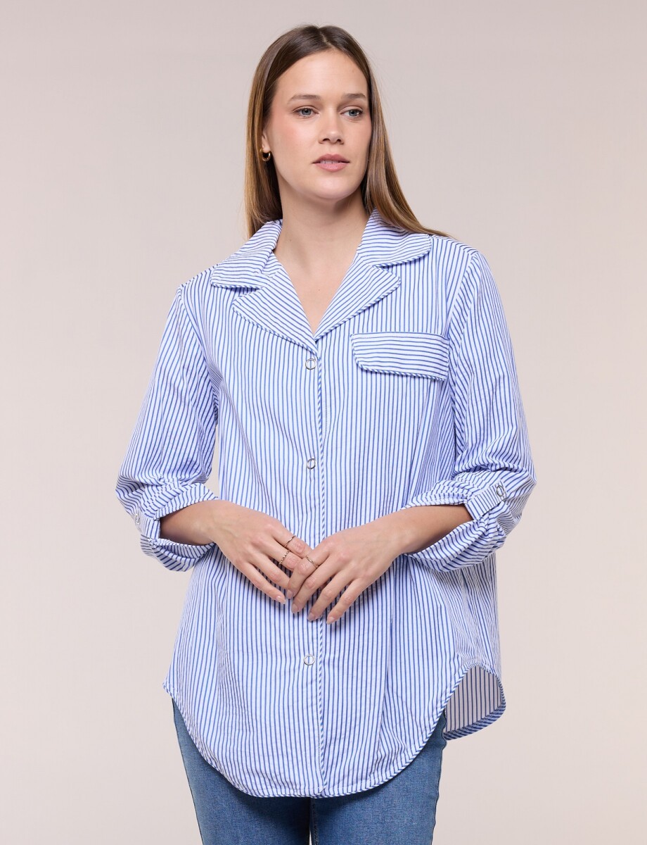 Sobrecamisa Holgada Rayada Con Presilla Ajustable - Blanco/azul 