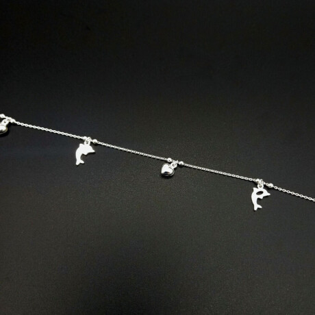 Tobillera de Plata 925 con Delfines y Corazónes Largo 2 cm